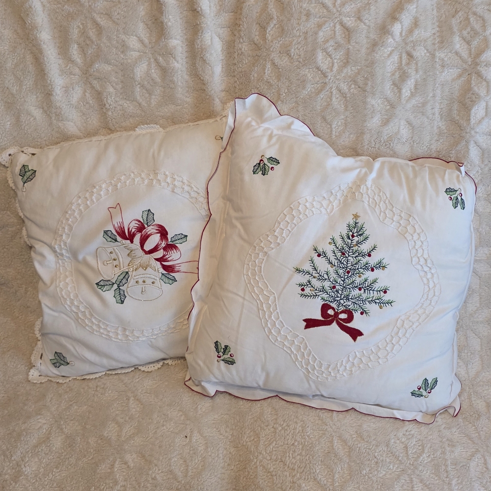 Festive Holiday Pillows - White with Red, Green & Gold Embroidery Set Of 2